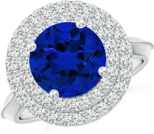 Angara Lab Grown Vintage Inspired Round Blue Sapphire Double Halo Engagement Ring in 14K Solid Gold/Platinum | Birthday, Anniversary, Wedding Jewelry Gift for Women