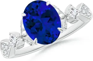 Angara Lab Grown Vintage Style Oval Blue Sapphire Engagement Ring with Leaf Motifs in 14K Solid Gold/Platinum | Birthday, Anniversary, Wedding Jewelry Gift for Women