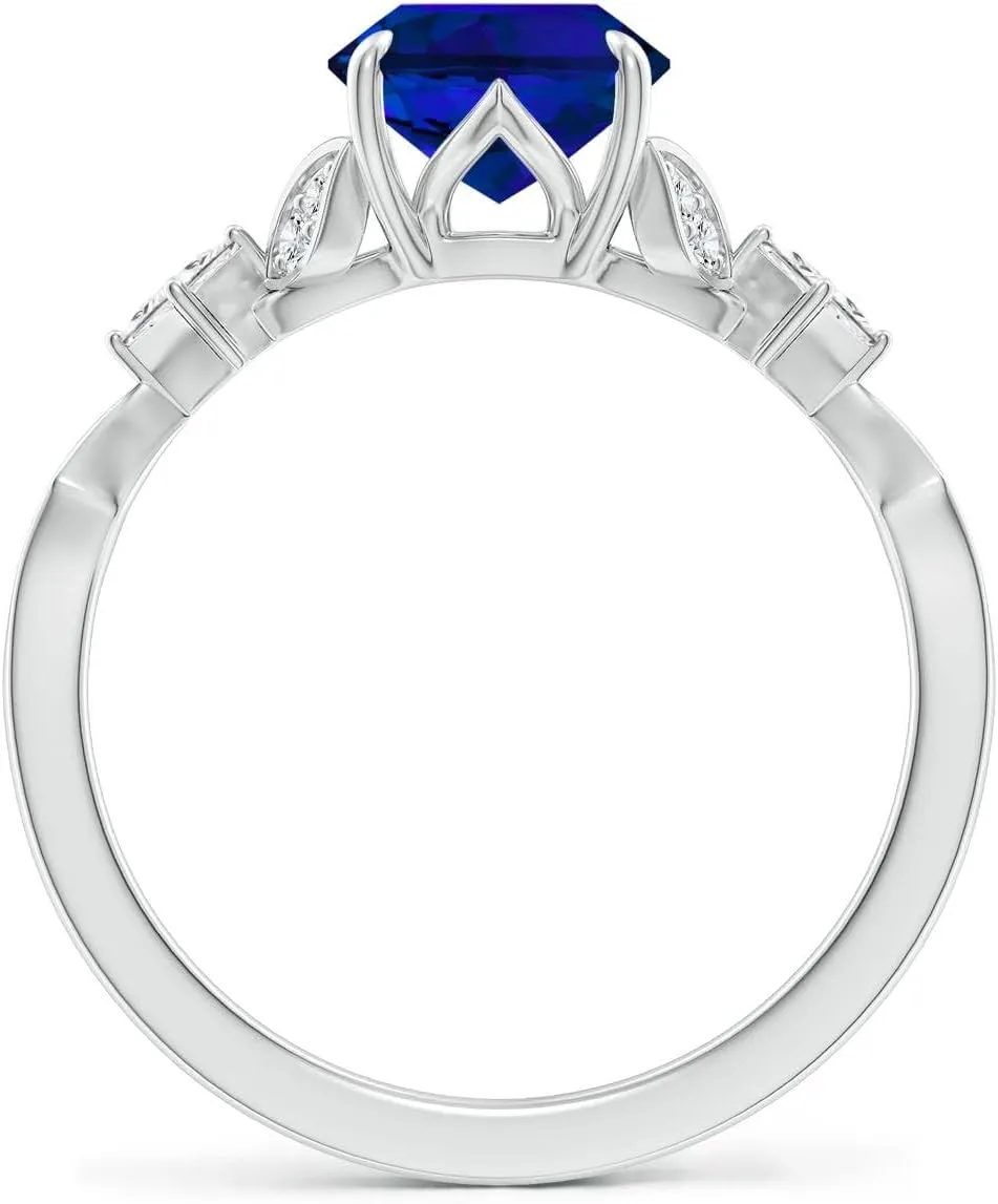 Angara Lab Grown Vintage Style Oval Blue Sapphire Engagement Ring with Leaf Motifs in 14K Solid Gold/Platinum | Birthday, Anniversary, Wedding Jewelry Gift for Women