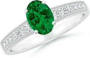 Angara Lab Grown Vintage Style Oval Emerald Engagement Ring with Accents in 14K Solid Gold/Platinum | May Birthstone, Birthday, Anniversary, Wedding Jewelry Gift for Women