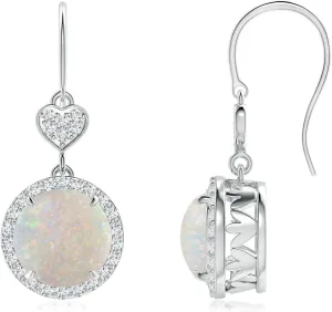 ANGARA Natural Claw-Set Cabochon Opal Dangle Earrings with Heart Motif in 14K Solid Gold/Platinum | October Birthstone, Birthday, Engagement, Anniversary, Wedding Jewelry Gift for Women
