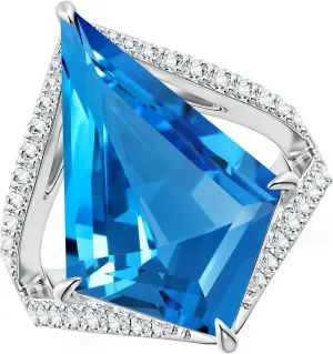 Angara Natural GIA Certified Kite-Shaped Step-Cut 10.21 ct Swiss Blue Topaz Halo Split Shank Ring in 14K Solid Gold/Platinum for Women | November Birthstone Jewelry for Women
