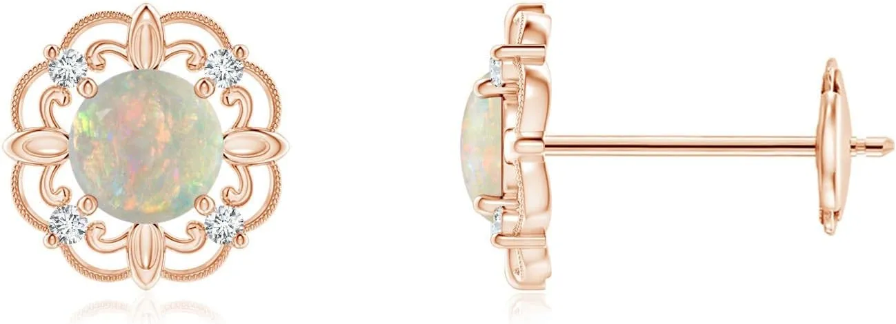 ANGARA Natural Vintage Style Opal and Diamond Fleur De Lis Earrings in Silver / 14K Solid Gold/Platinum | October Birthstone, Birthday, Engagement, Anniversary, Wedding Jewelry Gift for Women