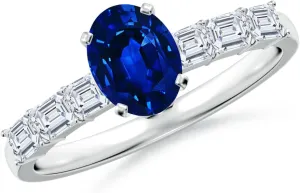 Angara Oval Lab Grown Blue Sapphire Engagement Ring with Diamond Accents in 14K Solid Gold/Platinum | September Birthstone, Birthday, Anniversary, Wedding Jewelry Gift for Women