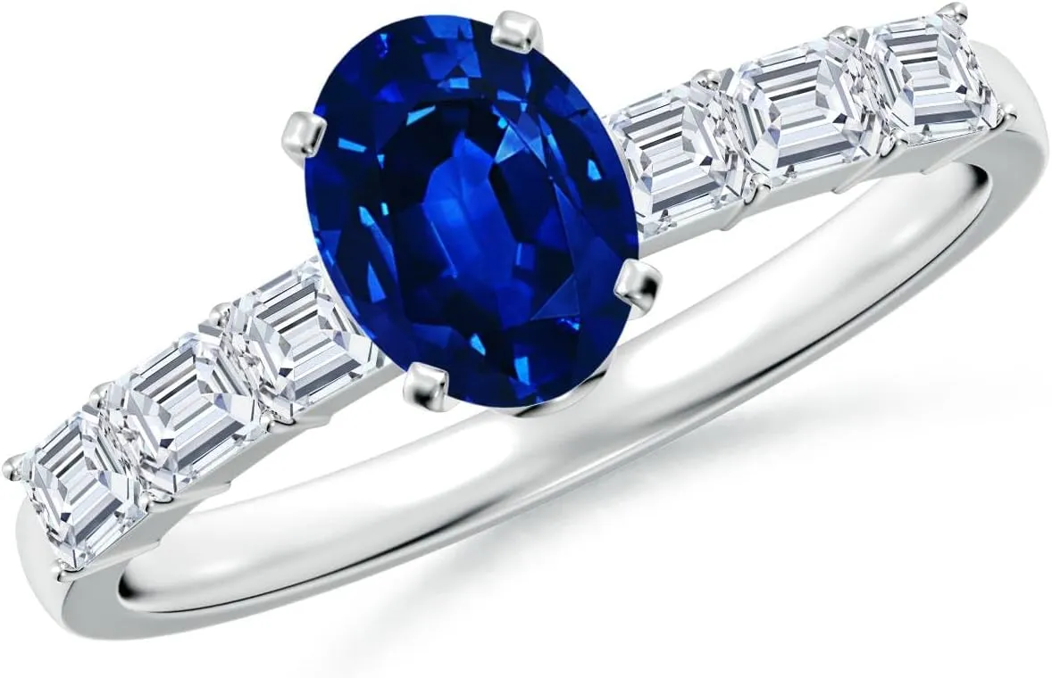 Angara Oval Lab Grown Blue Sapphire Engagement Ring with Diamond Accents in 14K Solid Gold/Platinum | September Birthstone, Birthday, Anniversary, Wedding Jewelry Gift for Women