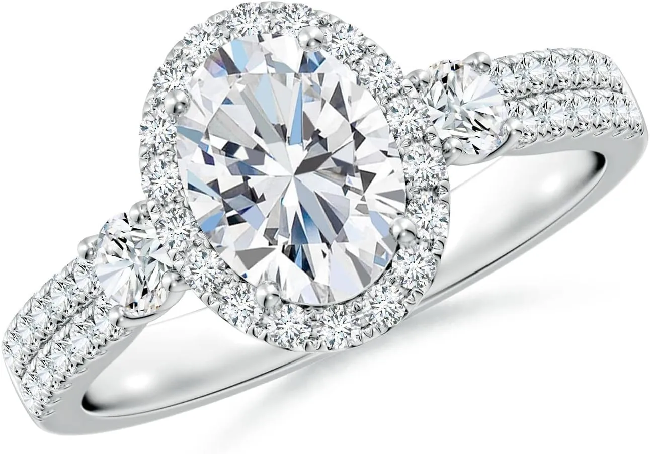 Angara Oval Lab Grown Diamond Halo Double Shank Engagement Ring in 14K Solid Gold/Platinum | April Birthstone, Birthday, Anniversary, Wedding Jewelry Gift for Women