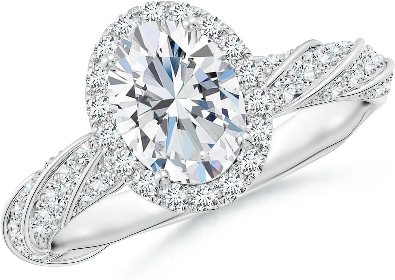Angara Oval Lab Grown Diamond Halo Twisted Rope Shank Engagement Ring in 14K Solid Gold/Platinum | April Birthstone, Birthday, Anniversary, Wedding Jewelry Gift for Women