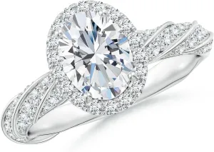 Angara Oval Lab Grown Diamond Halo Twisted Rope Shank Engagement Ring in 14K Solid Gold/Platinum | April Birthstone, Birthday, Anniversary, Wedding Jewelry Gift for Women