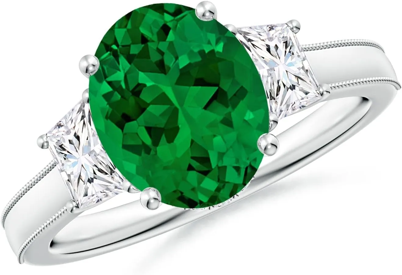 Angara Oval Lab Grown Emerald and Trapezoid Diamond Hidden Halo Engagement Ring in 14K Solid Gold/Platinum | Birthday, Anniversary, Wedding Jewelry Gift for Women