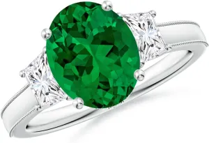 Angara Oval Lab Grown Emerald and Trapezoid Diamond Hidden Halo Engagement Ring in 14K Solid Gold/Platinum | Birthday, Anniversary, Wedding Jewelry Gift for Women