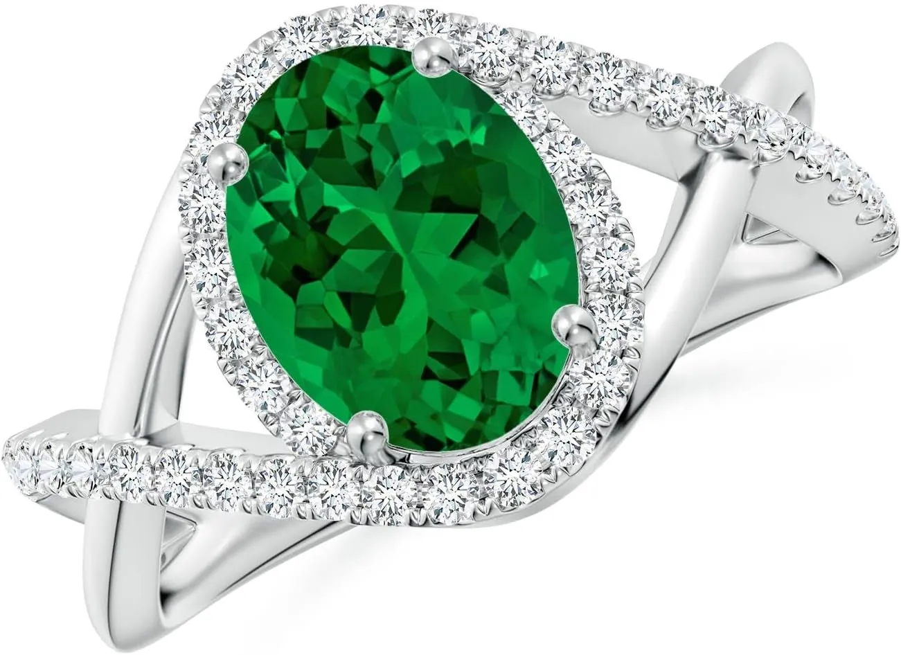 Angara Oval Lab Grown Emerald Criss Cross Shank Engagement Ring with Accents in 14K Solid Gold/Platinum | Birthday, Anniversary, Wedding Jewelry Gift for Women