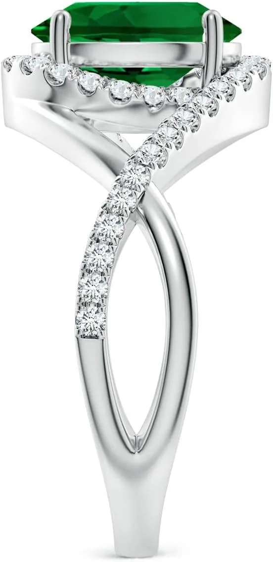 Angara Oval Lab Grown Emerald Criss Cross Shank Engagement Ring with Accents in 14K Solid Gold/Platinum | Birthday, Anniversary, Wedding Jewelry Gift for Women