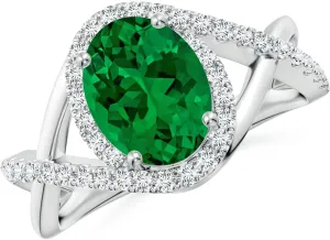Angara Oval Lab Grown Emerald Criss Cross Shank Engagement Ring with Accents in 14K Solid Gold/Platinum | Birthday, Anniversary, Wedding Jewelry Gift for Women