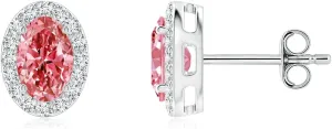 ANGARA Oval Lab Grown Fancy Intense Pink Diamond Studs with Halo in 14K Solid Gold/Platinum | Birthday, Engagement, Anniversary, Wedding Jewelry Gift for Women
