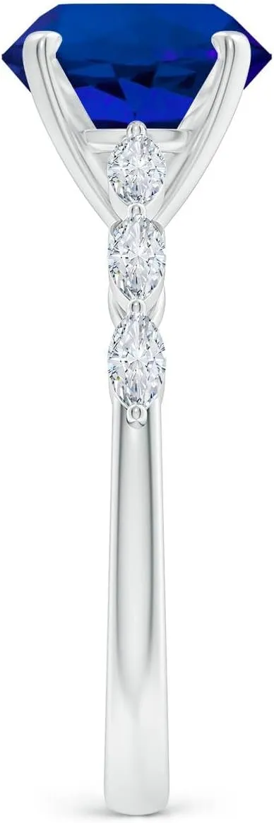 Angara Round Lab Grown Blue Sapphire Engagement Ring with Marquise Diamonds in 14K Solid Gold/Platinum | Birthday, Anniversary, Wedding Jewelry Gift for Women