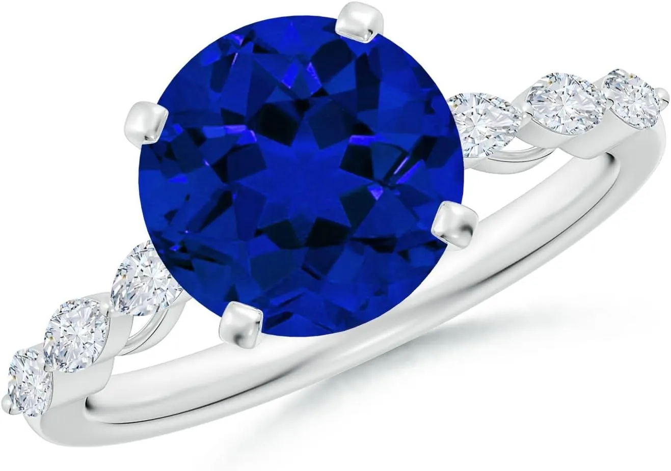 Angara Round Lab Grown Blue Sapphire Engagement Ring with Marquise Diamonds in 14K Solid Gold/Platinum | Birthday, Anniversary, Wedding Jewelry Gift for Women