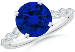 Angara Round Lab Grown Blue Sapphire Engagement Ring with Marquise Diamonds in 14K Solid Gold/Platinum | Birthday, Anniversary, Wedding Jewelry Gift for Women