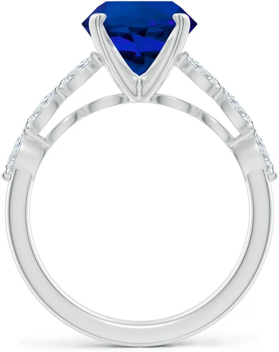 Angara Round Lab Grown Blue Sapphire Engagement Ring with Marquise Diamonds in 14K Solid Gold/Platinum | Birthday, Anniversary, Wedding Jewelry Gift for Women
