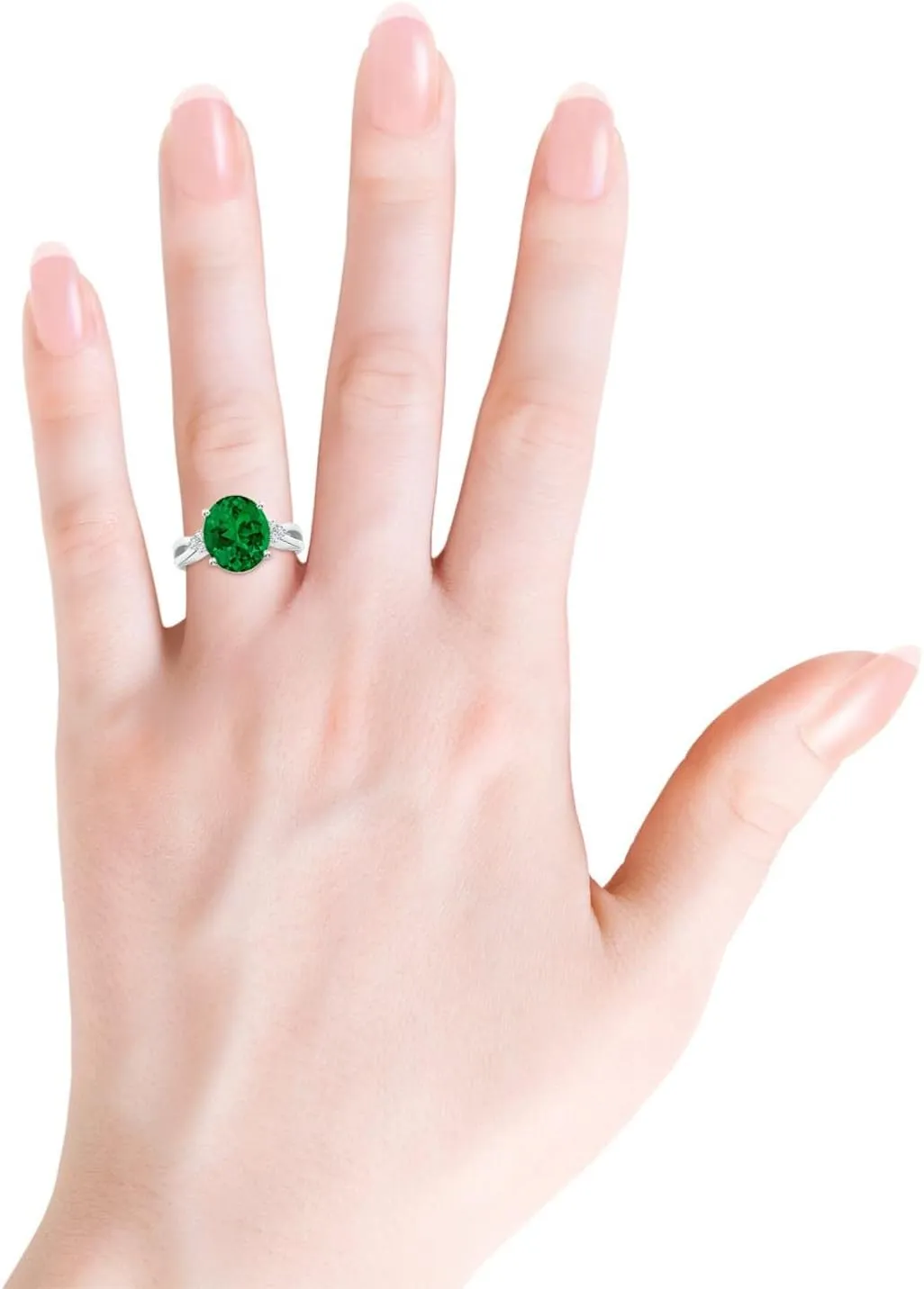 Angara Solitaire Oval Lab Grown Emerald Split Shank Engagement Ring with Trio Diamonds in Silver / 14K Solid Gold/Platinum | Birthday, Anniversary, Wedding Jewelry Gift for Women