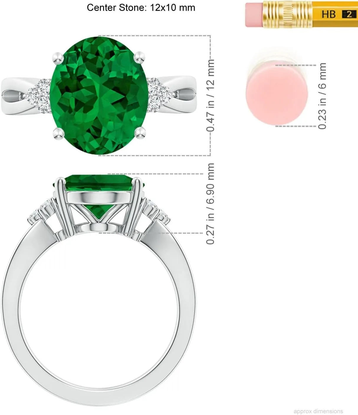 Angara Solitaire Oval Lab Grown Emerald Split Shank Engagement Ring with Trio Diamonds in Silver / 14K Solid Gold/Platinum | Birthday, Anniversary, Wedding Jewelry Gift for Women