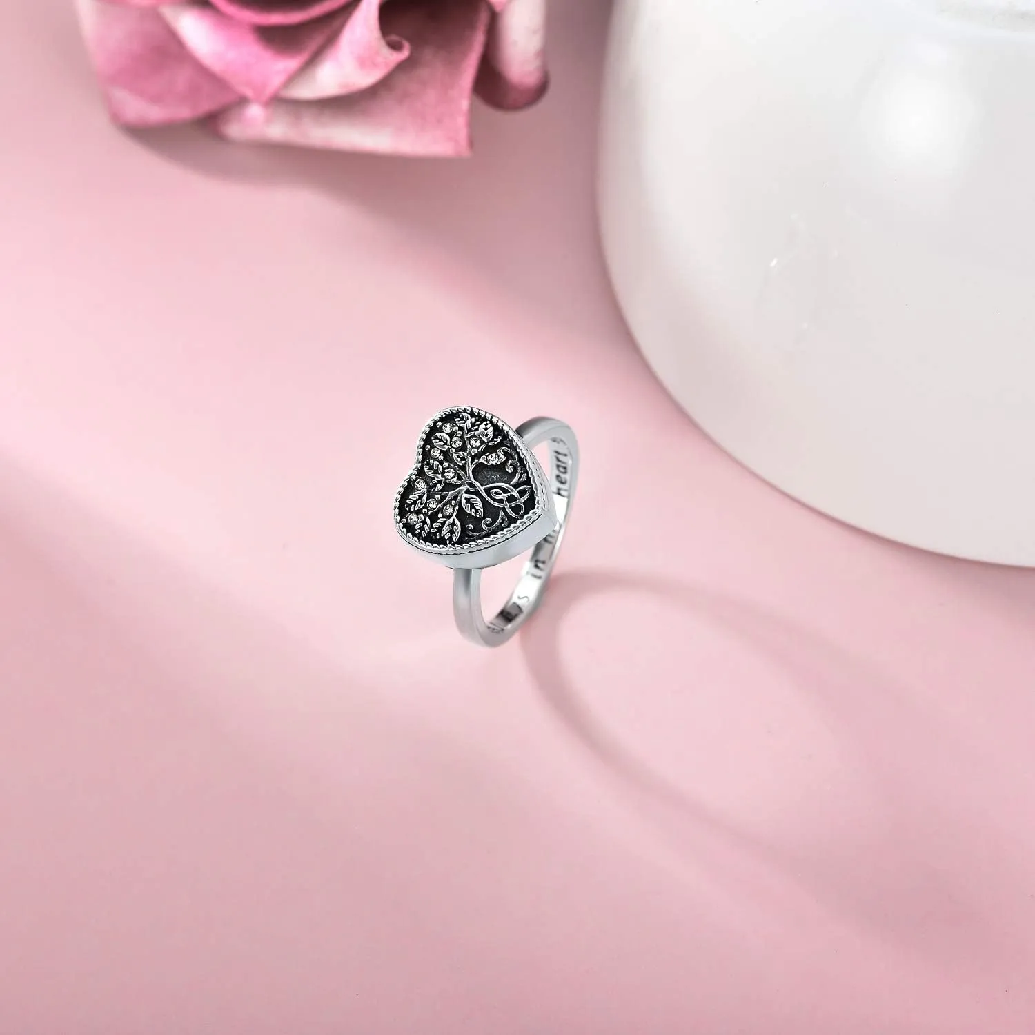 AOBOCO 925 Sterling Silver Heart Celtic Tree of Life Cremation Urn Ring Holds Loved Ones Ashes, Always in My Heart Urn Ring for Ashes for Women, Memorial Keepsake Jewelry Embellished with Crystals from Austria