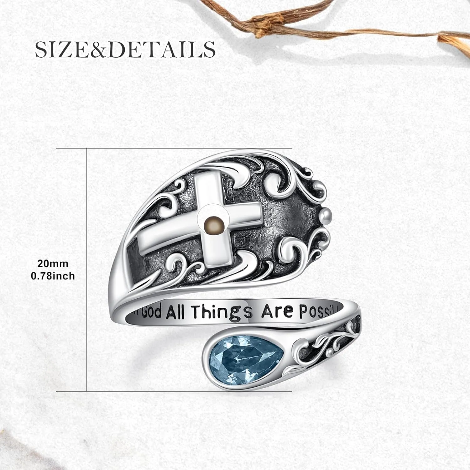 AOBOCO Cross Spoon Ring Mustard Seed Sterling Silver Vintage With God All Things are Possible Adjustable Faith Ring for Women with 12 Teardrop Birthstones