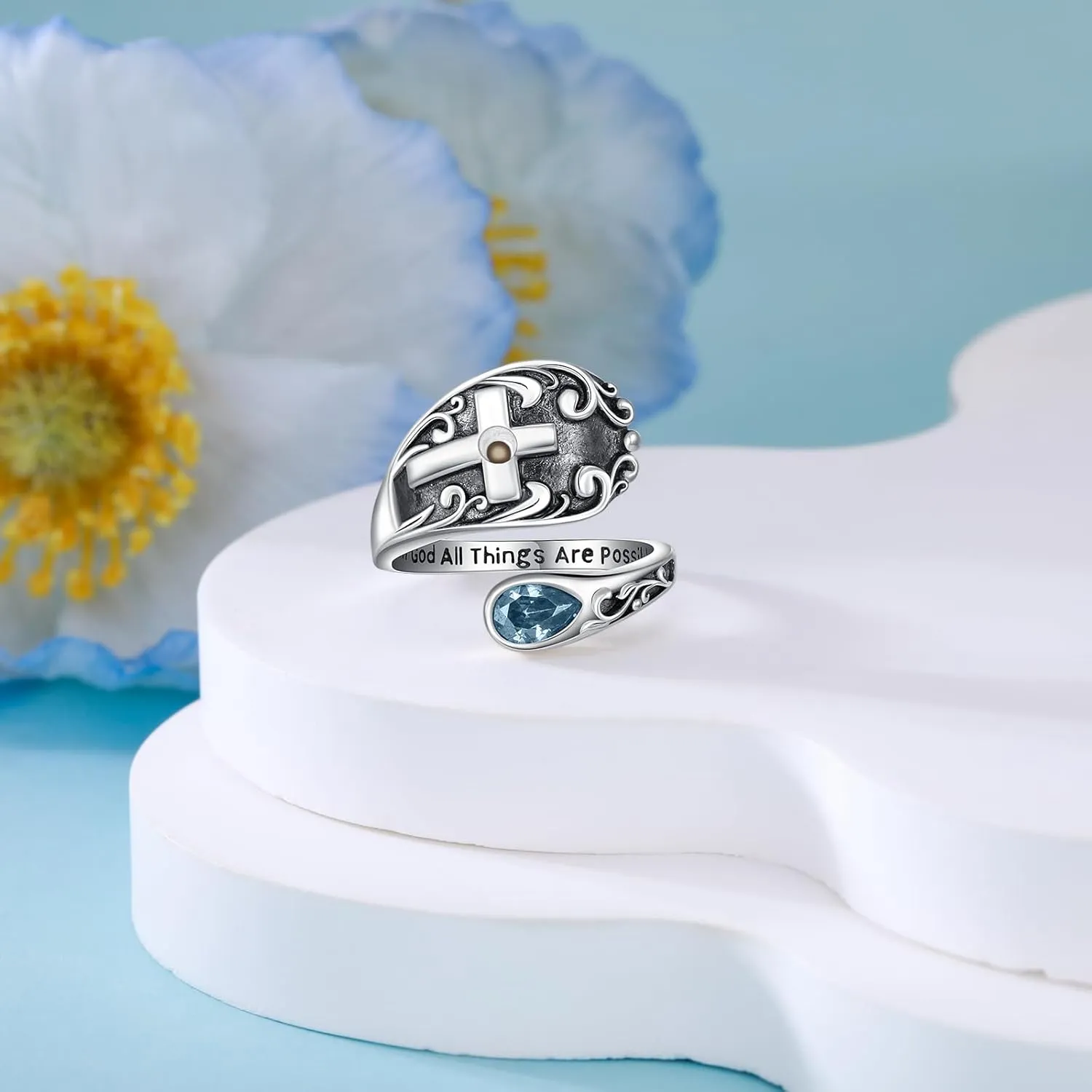 AOBOCO Cross Spoon Ring Mustard Seed Sterling Silver Vintage With God All Things are Possible Adjustable Faith Ring for Women with 12 Teardrop Birthstones