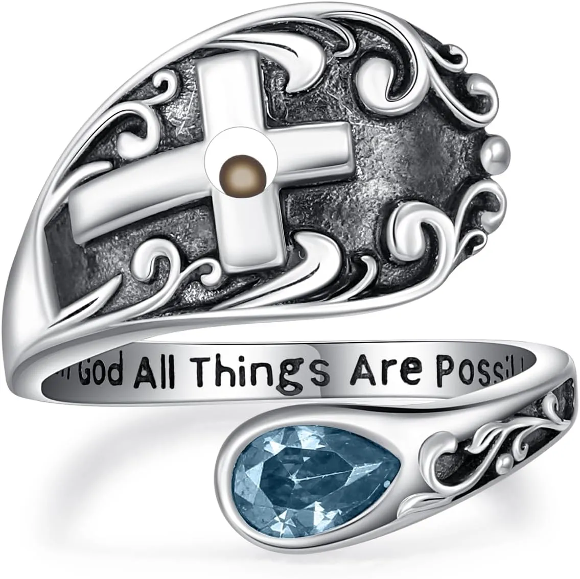 AOBOCO Cross Spoon Ring Mustard Seed Sterling Silver Vintage With God All Things are Possible Adjustable Faith Ring for Women with 12 Teardrop Birthstones