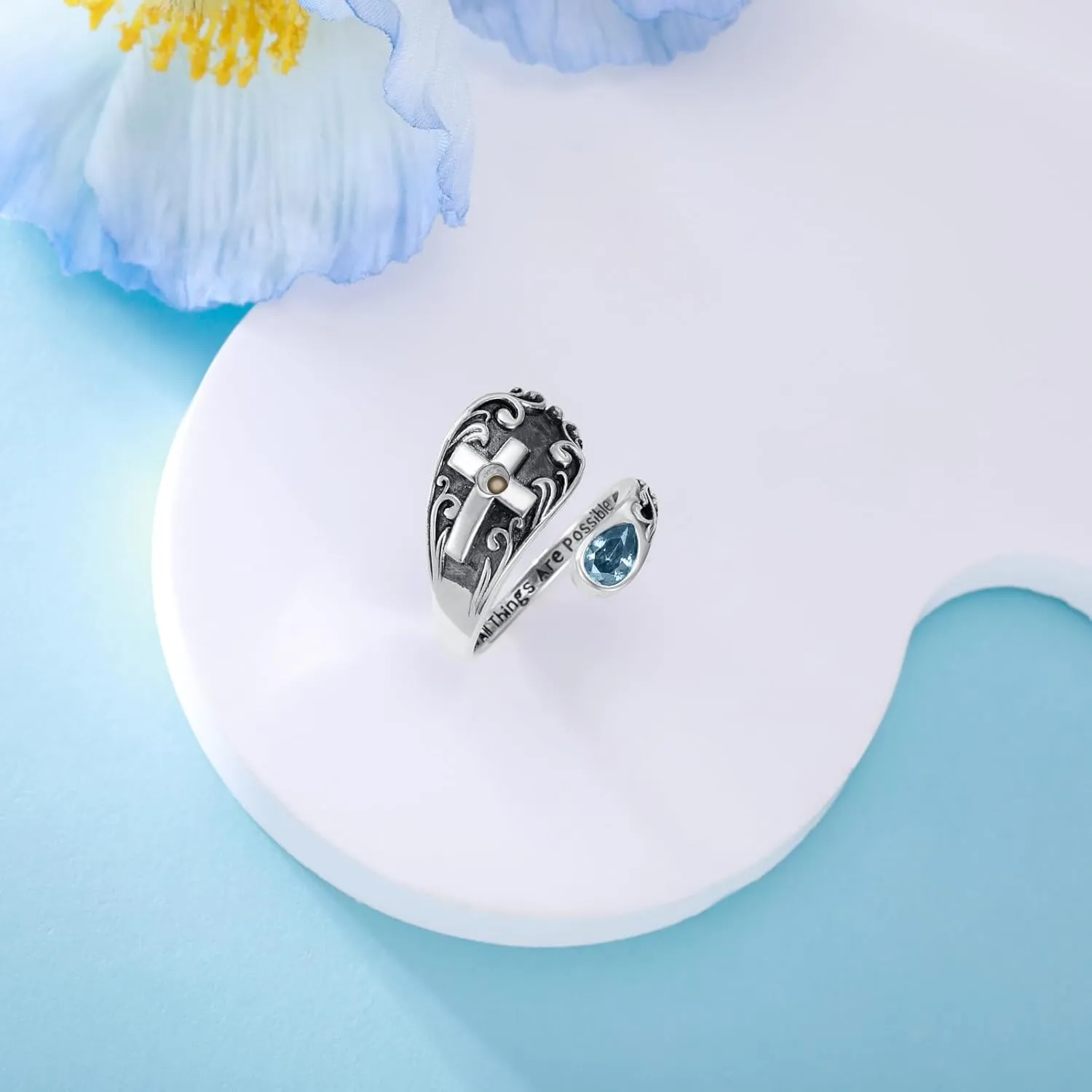 AOBOCO Cross Spoon Ring Mustard Seed Sterling Silver Vintage With God All Things are Possible Adjustable Faith Ring for Women with 12 Teardrop Birthstones