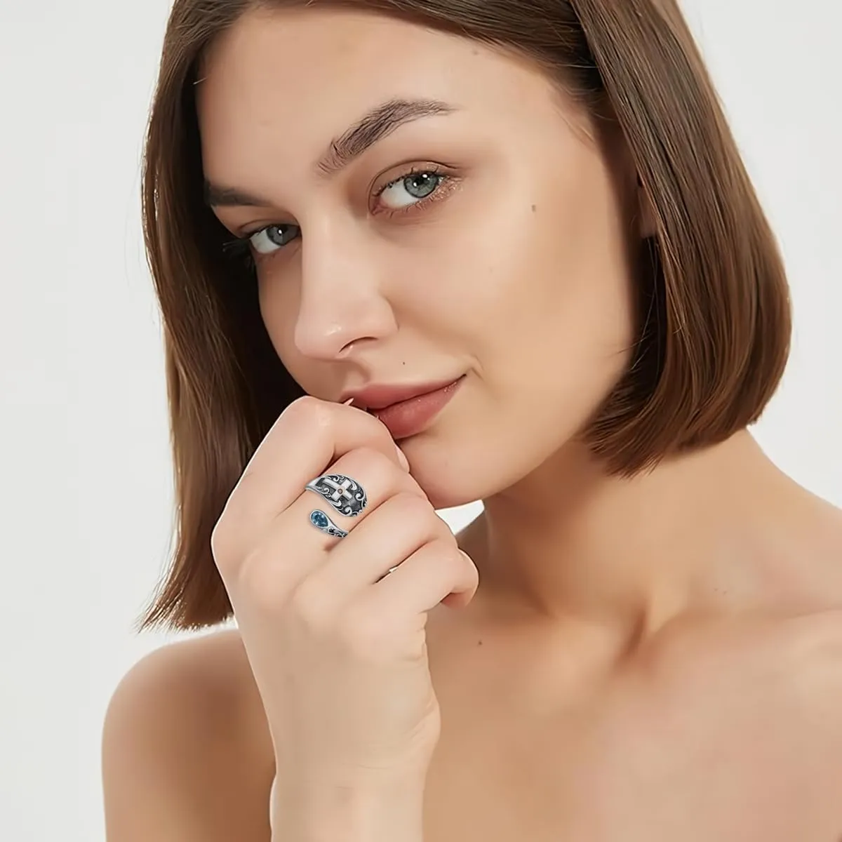 AOBOCO Cross Spoon Ring Mustard Seed Sterling Silver Vintage With God All Things are Possible Adjustable Faith Ring for Women with 12 Teardrop Birthstones