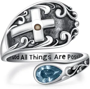 AOBOCO Cross Spoon Ring Mustard Seed Sterling Silver Vintage With God All Things are Possible Adjustable Faith Ring for Women with 12 Teardrop Birthstones