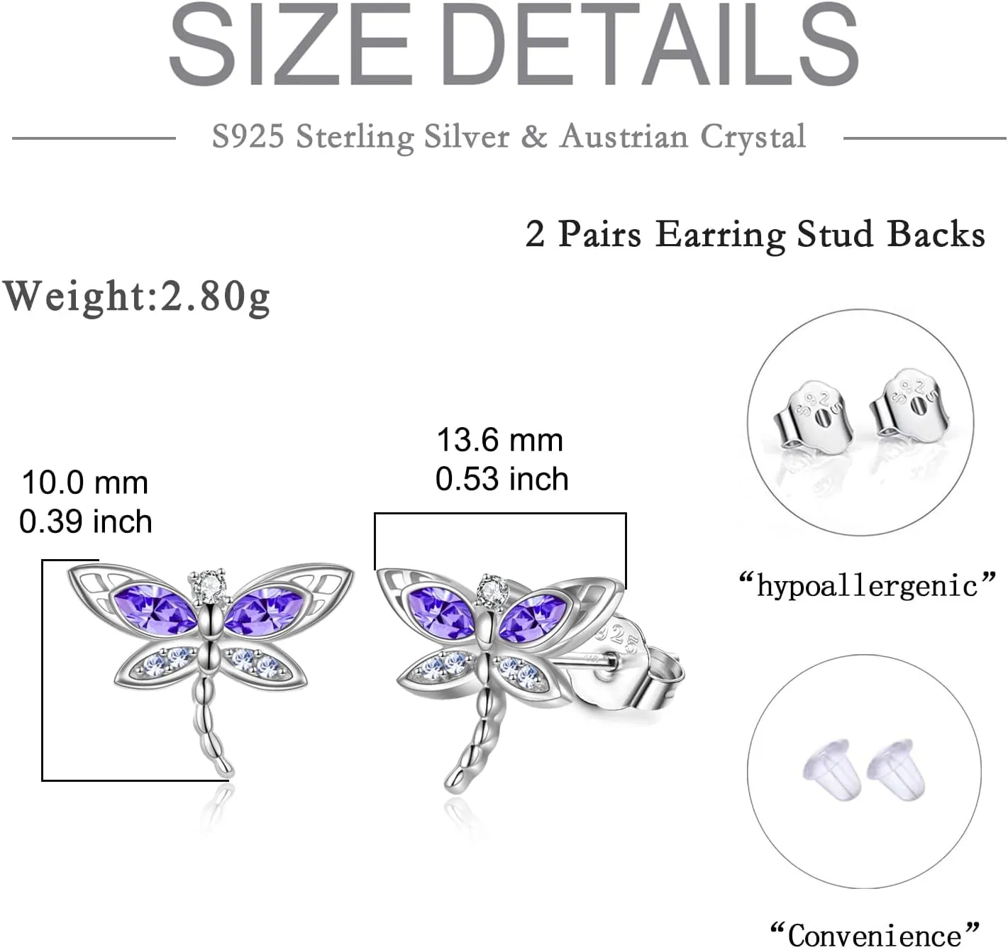 AOBOCO Sterling Silver Dragonfly Studs: Women's Earrings with Crystal Presents for Birthdays, Weddings, and Holidays