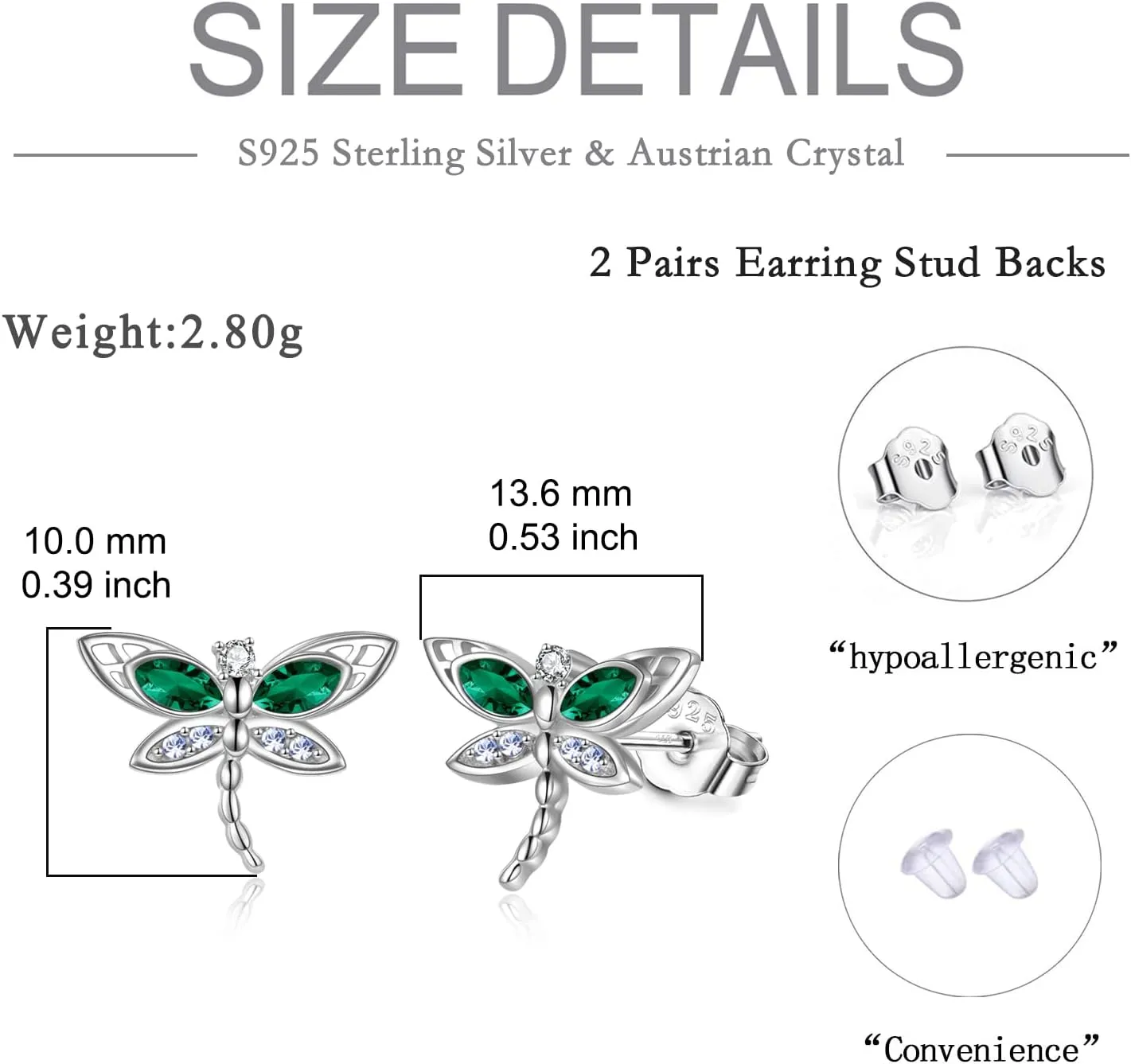 AOBOCO Sterling Silver Dragonfly Studs: Women's Earrings with Crystal Presents for Birthdays, Weddings, and Holidays