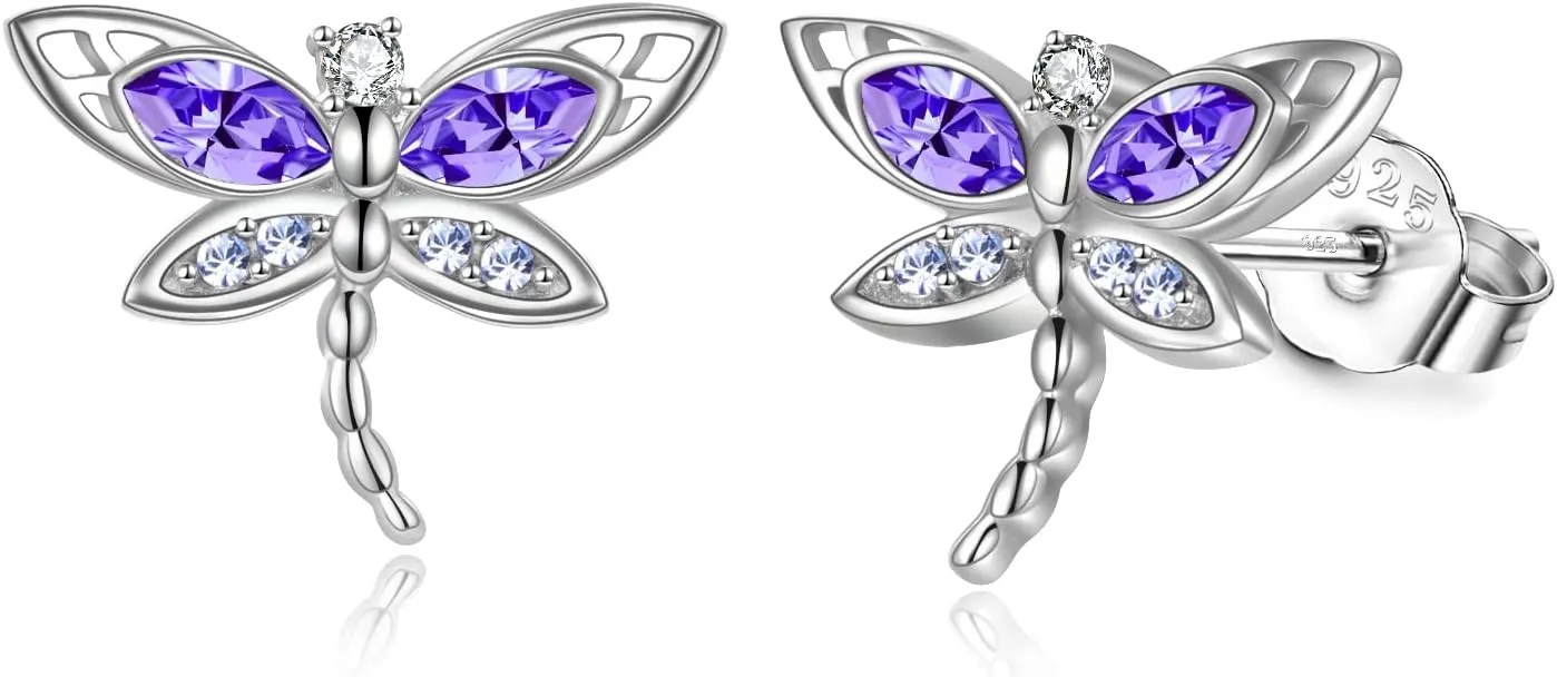 AOBOCO Sterling Silver Dragonfly Studs: Women's Earrings with Crystal Presents for Birthdays, Weddings, and Holidays