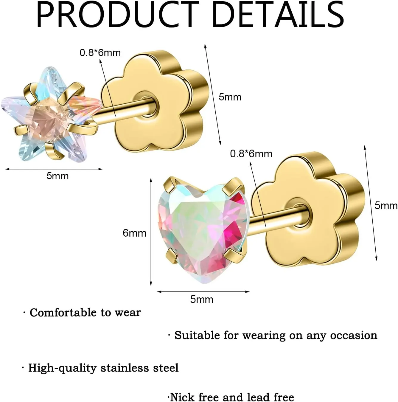 AOEDEJ 2 Pairs Tragus Earrings for Women Hypoallergenic Cute Helix Earring Heart Star with Flower Backs Piercing Jewelry for Gifts