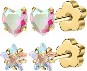 AOEDEJ 2 Pairs Tragus Earrings for Women Hypoallergenic Cute Helix Earring Heart Star with Flower Backs Piercing Jewelry for Gifts