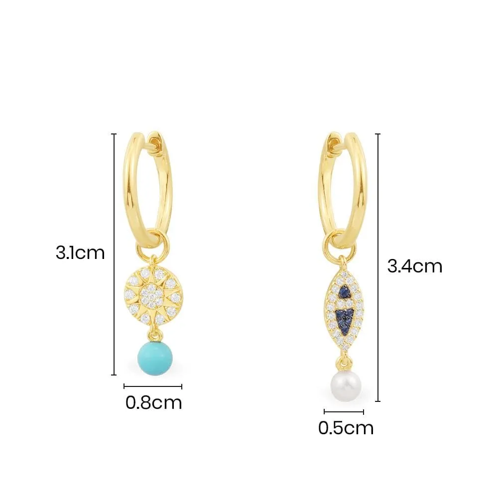 Asymmetric Fish & Sun Hoop Earrings - Yellow Silver