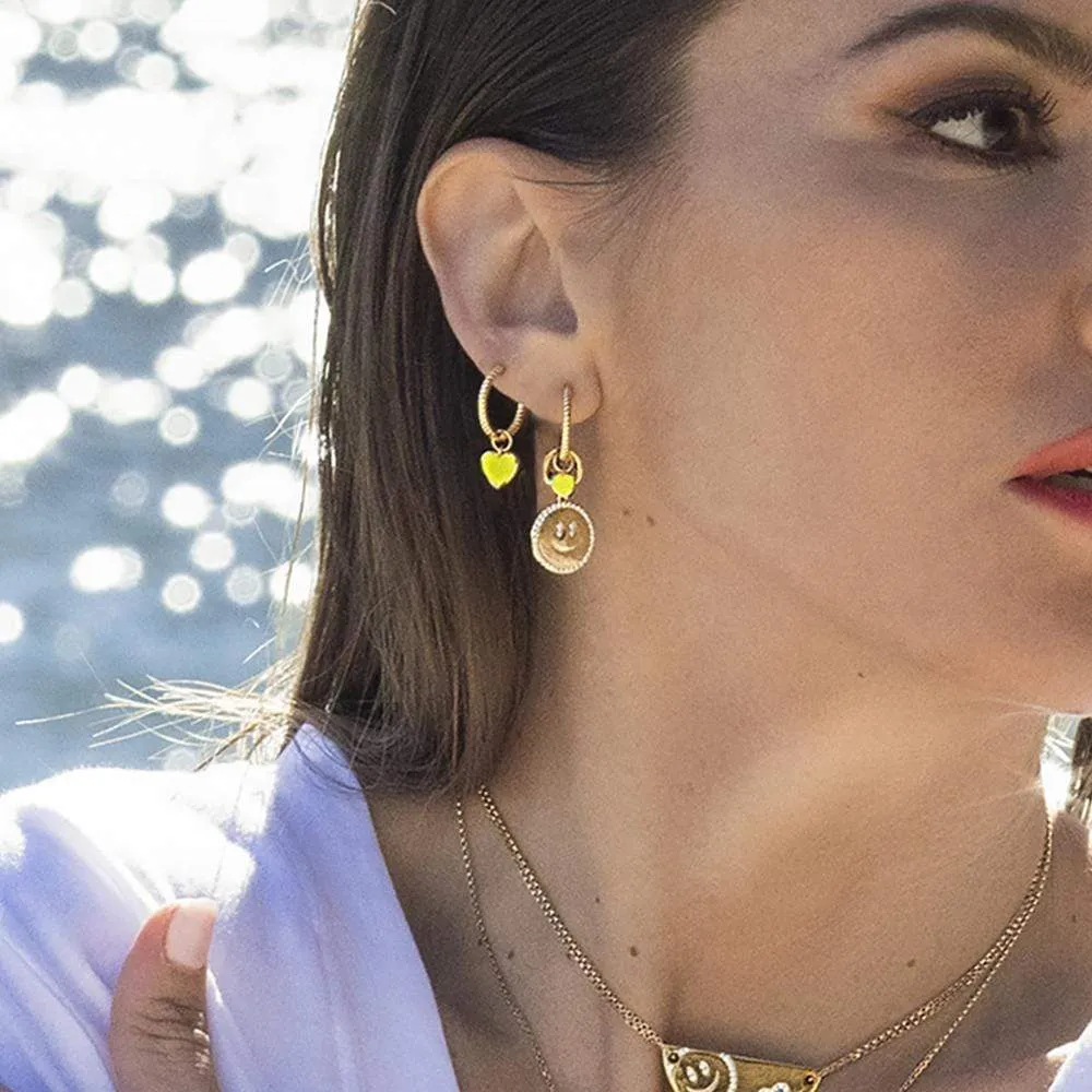 Asymmetric Neon Yellow Heart & Happy Face Hoop Earrings - Yellow Silver