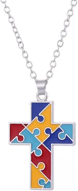 Autism Awareness Necklace Lightweight Creative Alloy Enamel Multi Color Puzzle Pieces Heart Scarf Novelty Dangle Necklace Handmade Funny Geometric Jewelry for Women Gifts