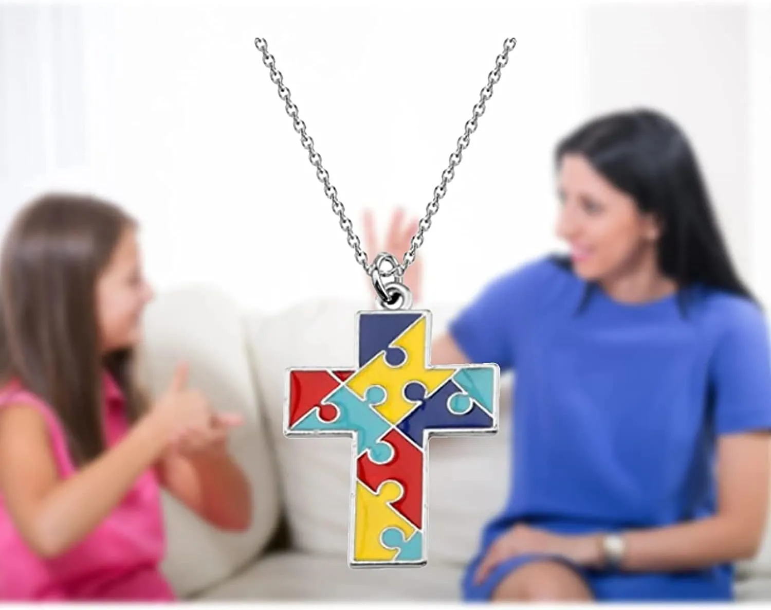 Autism Awareness Necklace Lightweight Creative Alloy Enamel Multi Color Puzzle Pieces Heart Scarf Novelty Dangle Necklace Handmade Funny Geometric Jewelry for Women Gifts