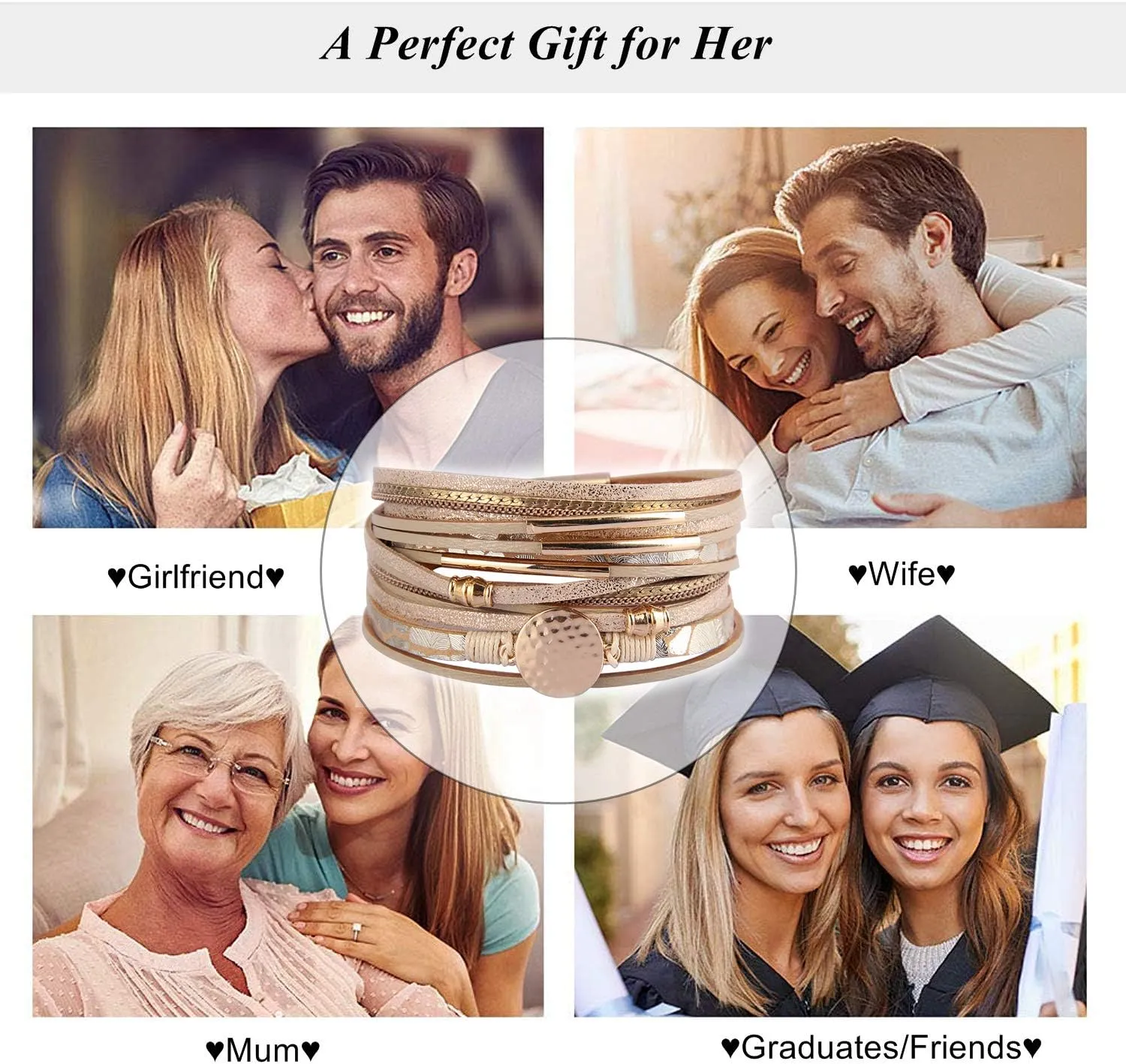 AZORA Leather Wrap Bracelets for Women Goldplated Metal Crescent Cuff Bracelet with Magnetic Buckle Casual Bohemian Wrist Bangle Jewelry Gift for Ladies Sister Mum