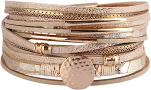 AZORA Leather Wrap Bracelets for Women Goldplated Metal Crescent Cuff Bracelet with Magnetic Buckle Casual Bohemian Wrist Bangle Jewelry Gift for Ladies Sister Mum