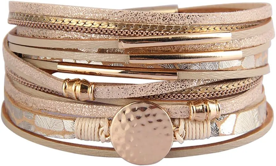 AZORA Leather Wrap Bracelets for Women Goldplated Metal Crescent Cuff Bracelet with Magnetic Buckle Casual Bohemian Wrist Bangle Jewelry Gift for Ladies Sister Mum