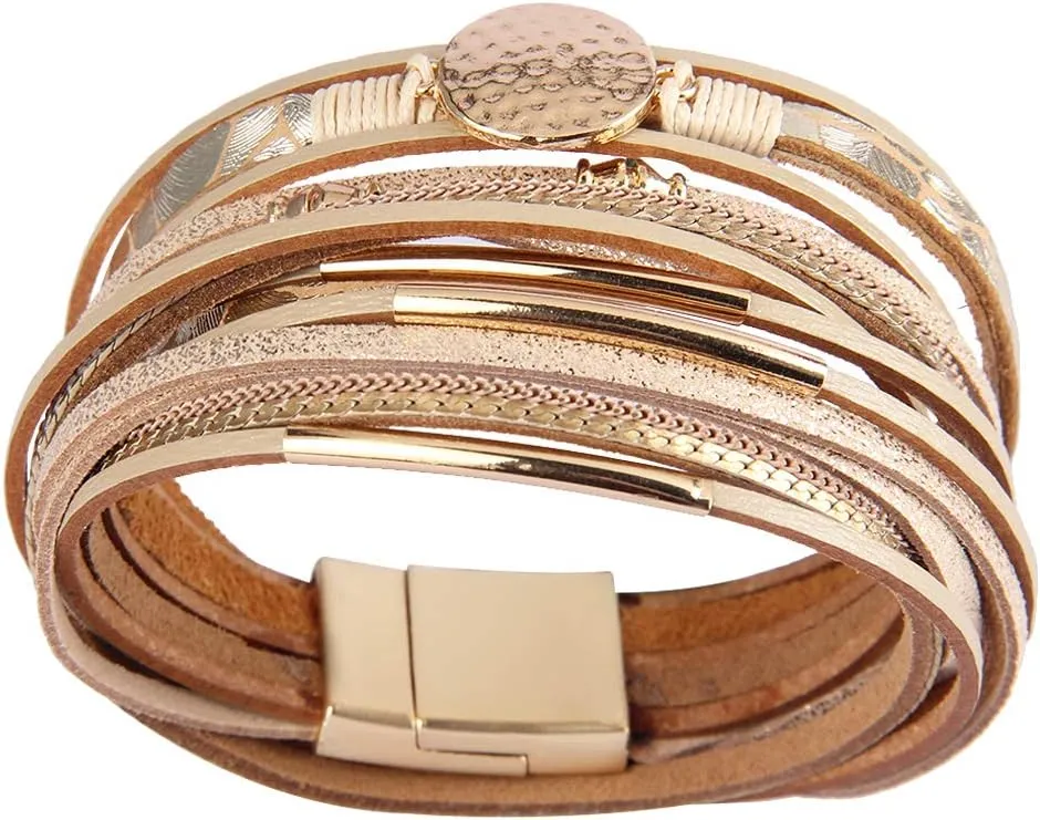 AZORA Leather Wrap Bracelets for Women Goldplated Metal Crescent Cuff Bracelet with Magnetic Buckle Casual Bohemian Wrist Bangle Jewelry Gift for Ladies Sister Mum