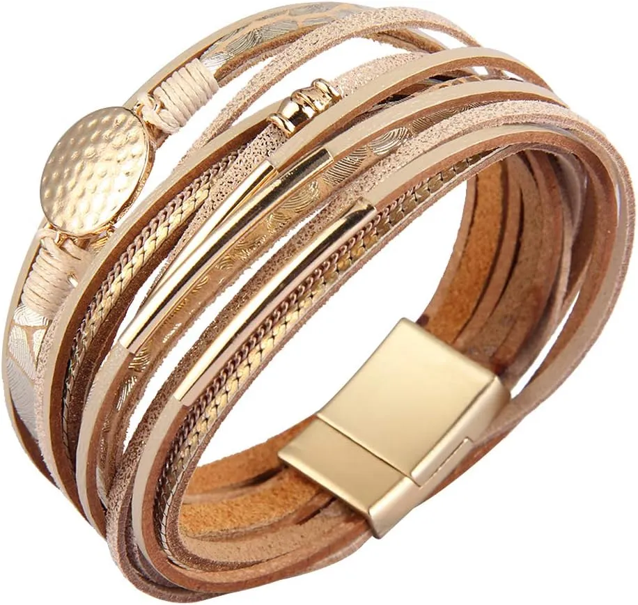 AZORA Leather Wrap Bracelets for Women Goldplated Metal Crescent Cuff Bracelet with Magnetic Buckle Casual Bohemian Wrist Bangle Jewelry Gift for Ladies Sister Mum