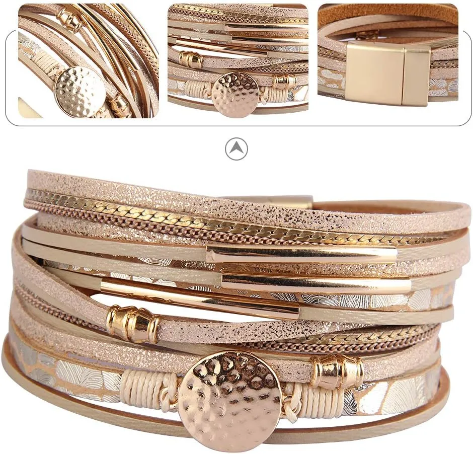 AZORA Leather Wrap Bracelets for Women Goldplated Metal Crescent Cuff Bracelet with Magnetic Buckle Casual Bohemian Wrist Bangle Jewelry Gift for Ladies Sister Mum