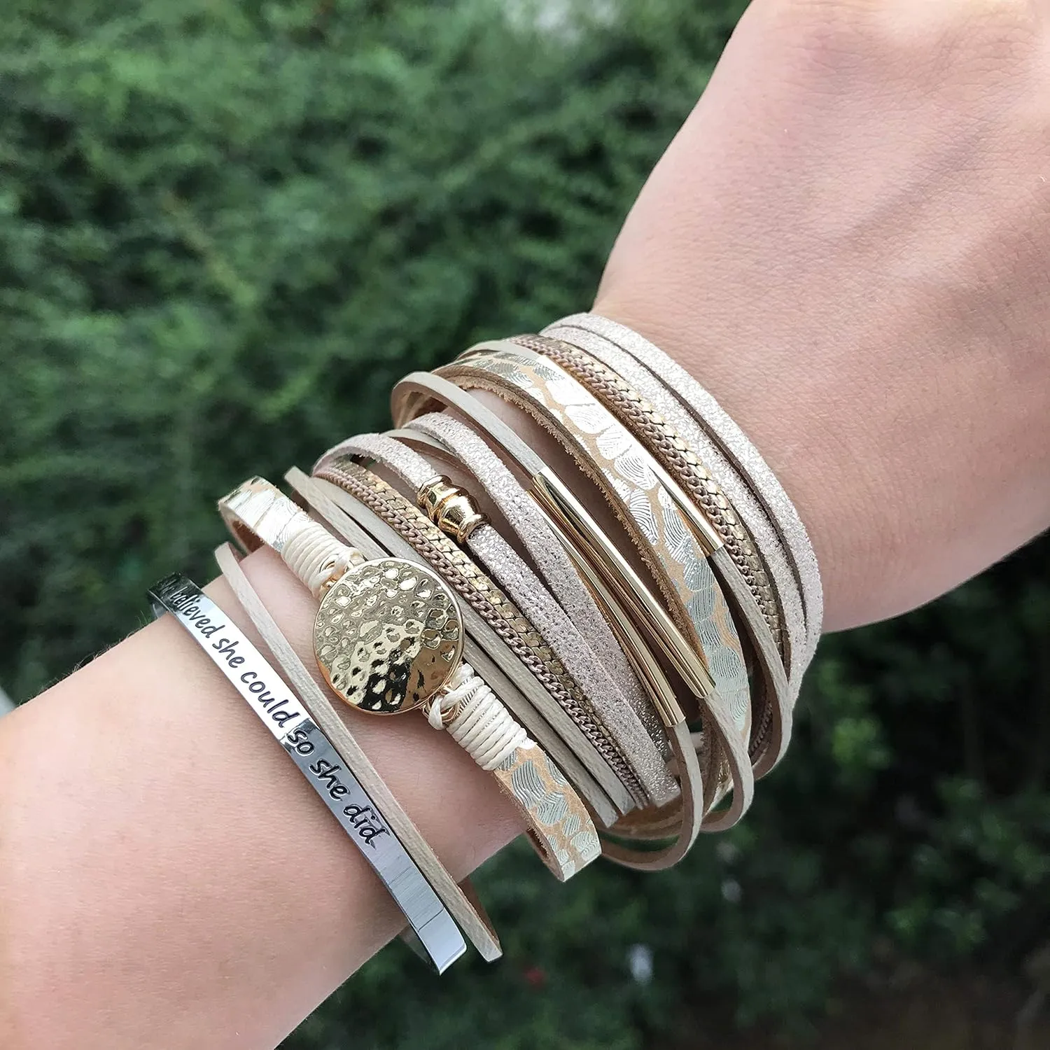 AZORA Leather Wrap Bracelets for Women Goldplated Metal Crescent Cuff Bracelet with Magnetic Buckle Casual Bohemian Wrist Bangle Jewelry Gift for Ladies Sister Mum