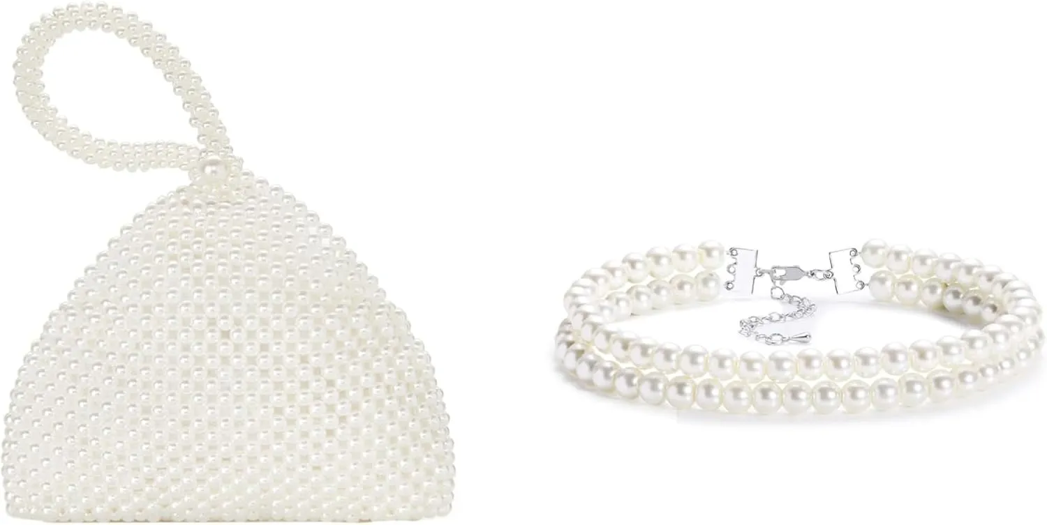BABEYOND Pearl Clutch Purse Evening Bags for Women Elegant Triangle Purse for Wedding Bride Party Prom Round Imitation Pearl Choker Necklace Multi Strands Choker 20s Flapper Necklace Accessories