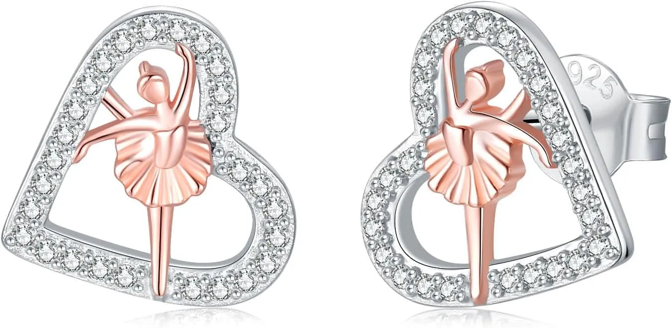 Ballerina Earrings for Women - 925 Sterling Silver Heart Dancer Stud with Cubic Zirconia Hypoallergenic Jewelry for Sensitive Ear Ballet Themed Gifts for Her