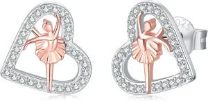 Ballerina Earrings for Women - 925 Sterling Silver Heart Dancer Stud with Cubic Zirconia Hypoallergenic Jewelry for Sensitive Ear Ballet Themed Gifts for Her